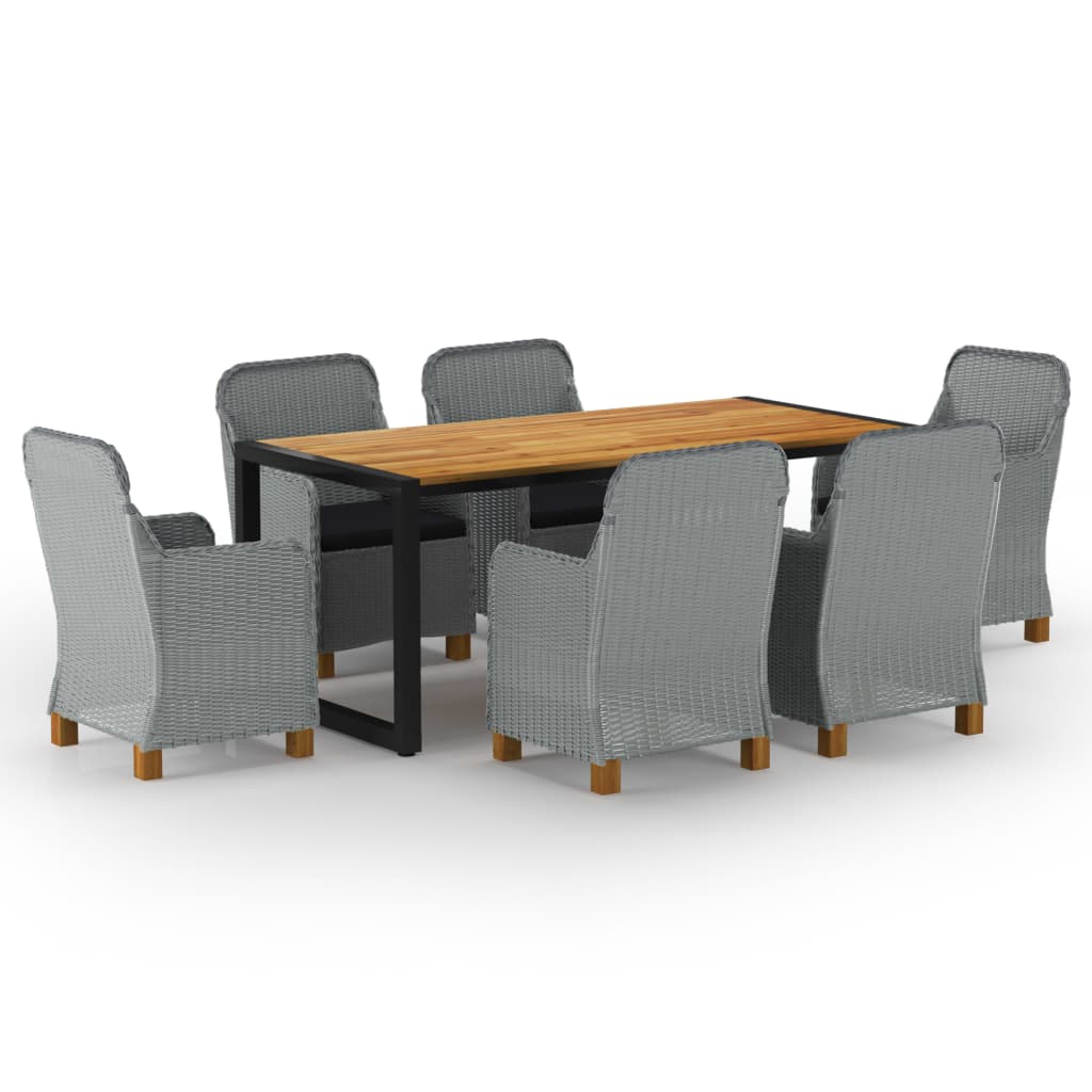 Set mobilier de gradina 7 piese masa cu 6 fotolii, vidaXL, Ratan/Lemn de acacia/Otel, 180 x 90 x 75 cm, Gri deschis-maro