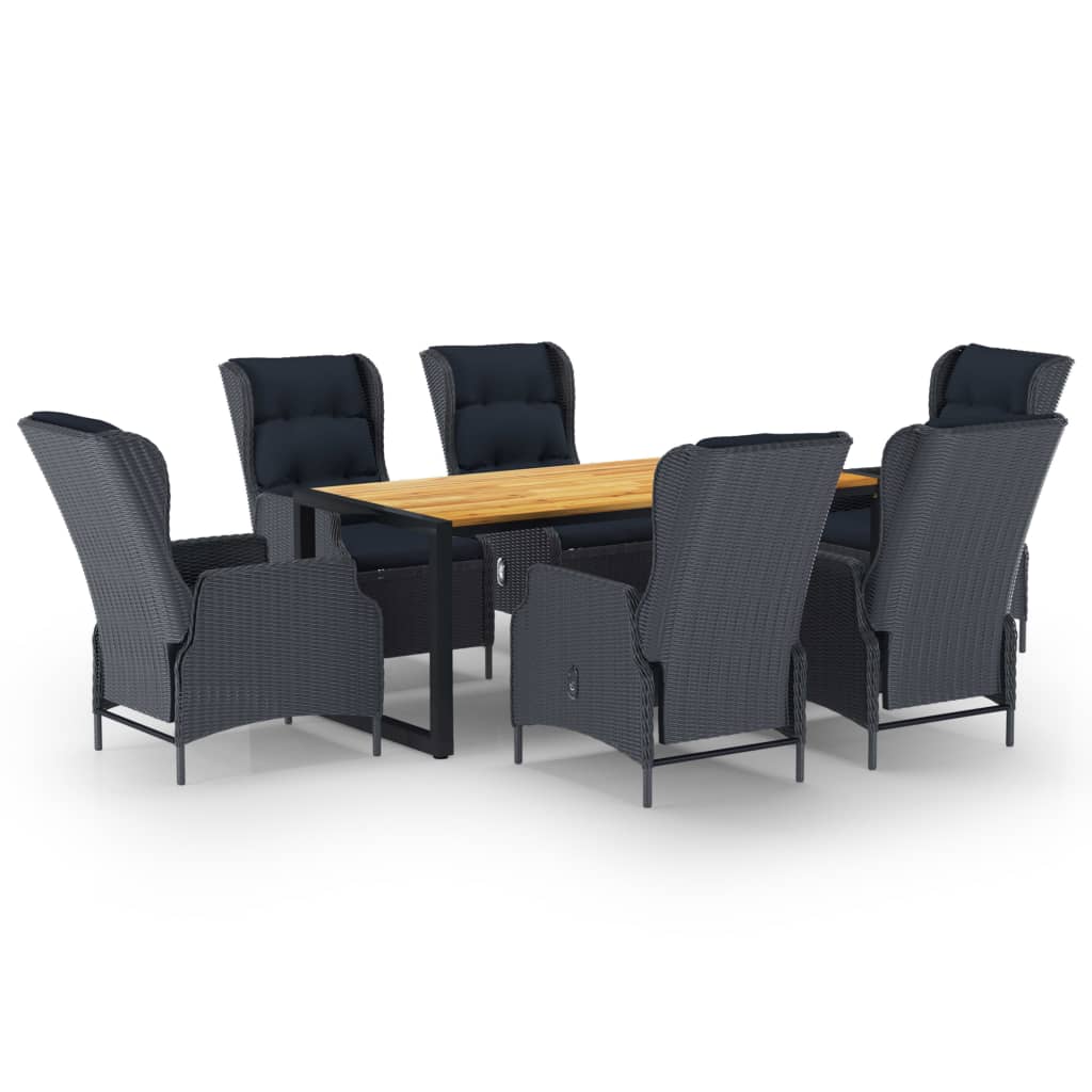 Set mobilier de gradina 7 piese masa cu 6 fotolii reglabile, vidaXL, Ratan/Lemn acacia/Otel, 180 x 90 x 75 cm, Gri inchis-maro