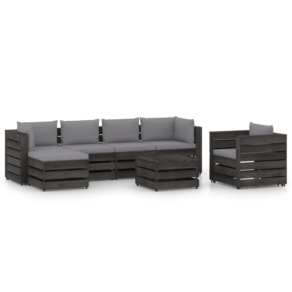 Set mobilier gradina 7 piese canapea in L, fotoliu si masuta, vidaXL, Lemn de pin tratat, Gri inchis cu perne gri deschis