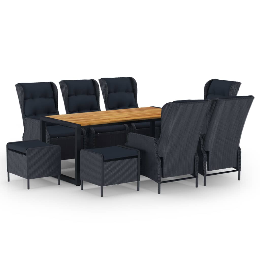 Set mobilier de gradina 9 piese masa cu 6 scaune-fotoliu si 2 tabureti, vidaXL, Ratan/Lemn acacia/Otel, 180 x 90 x 75 cm, Gri inchis-maro