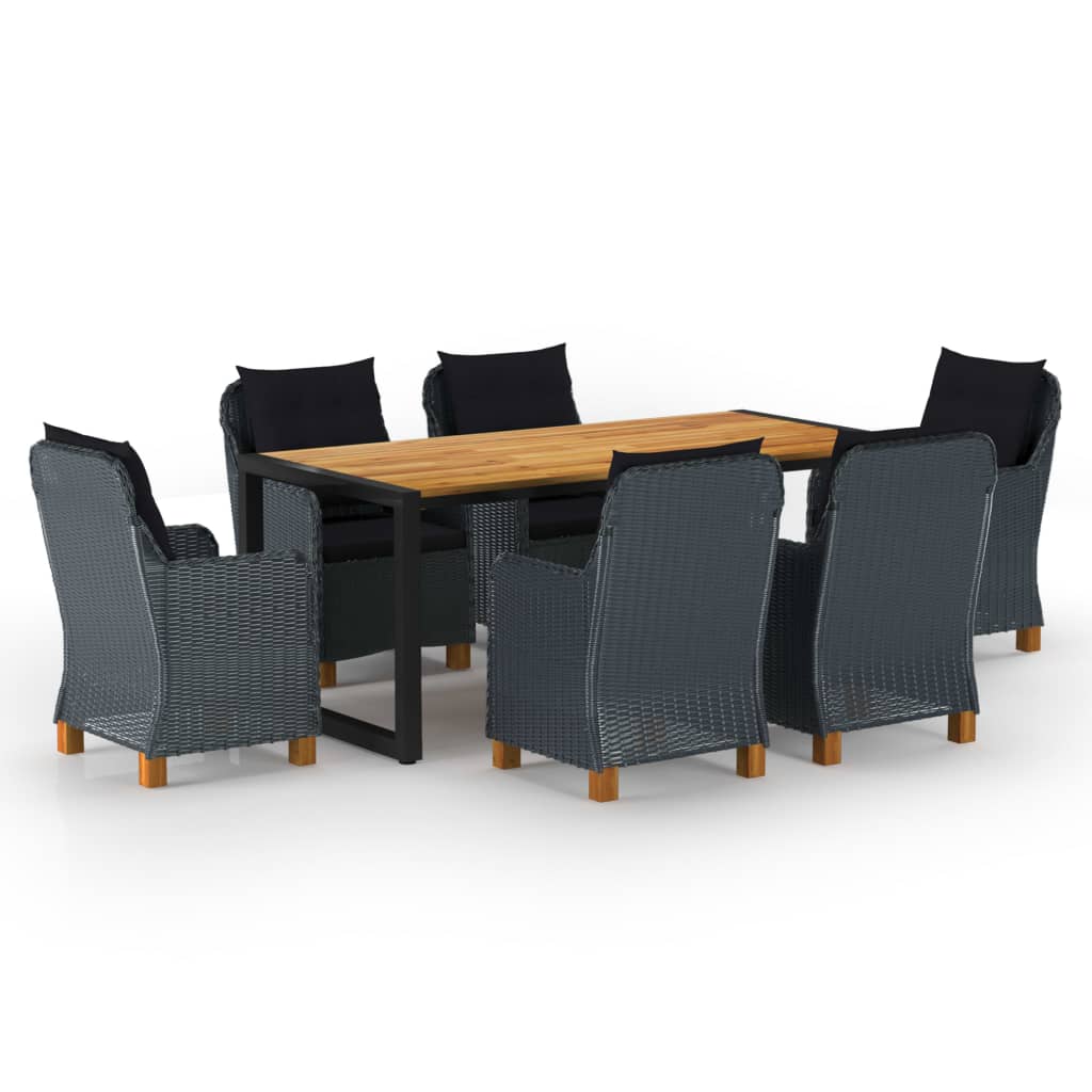 Set mobilier de gradina 7 piese masa cu 6 fotolii, vidaXL, Ratan/Lemn de acacia/Otel, 180 x 90 x 75 cm, Gri-maro