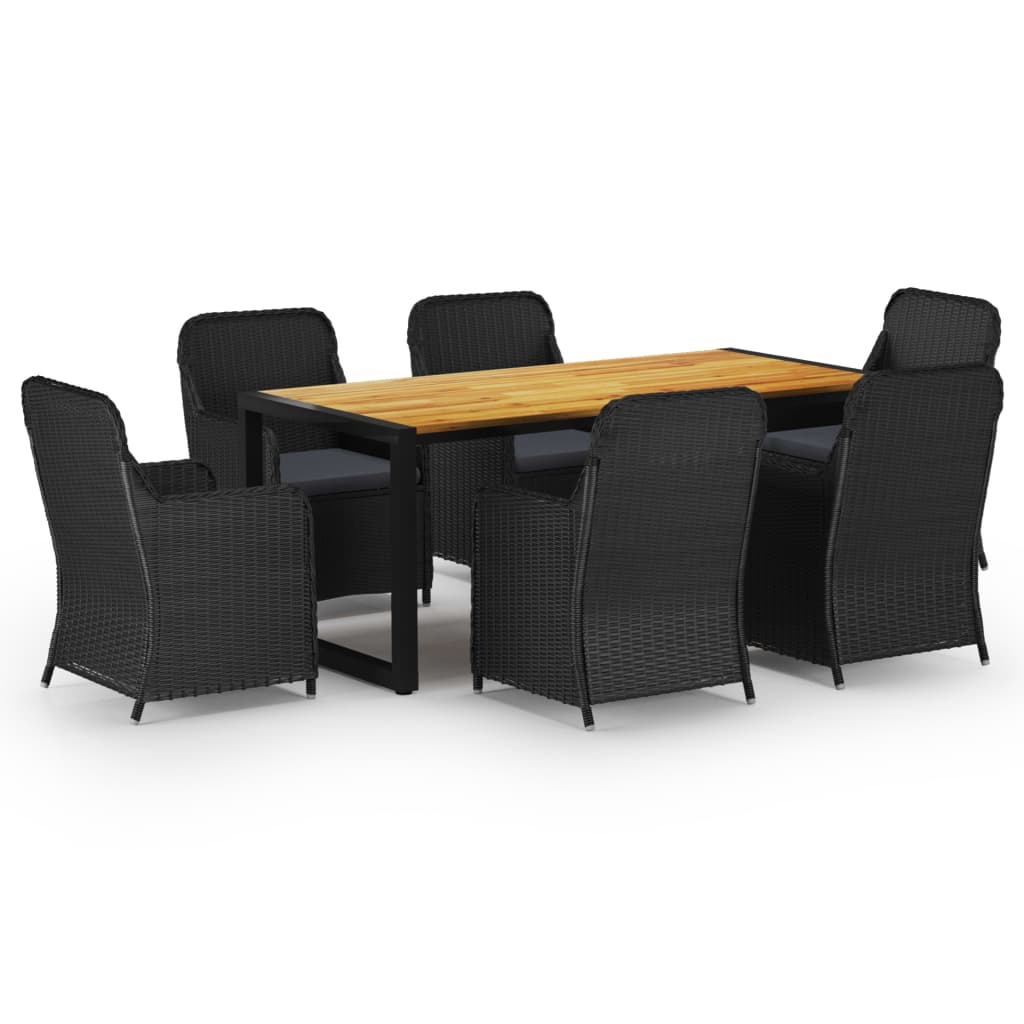 Set mobilier de gradina 7 piese masa cu 6 fotolii, vidaXL, Ratan si lemn masiv de acacia, 180 x 90 x 75 cm, Negru si maro