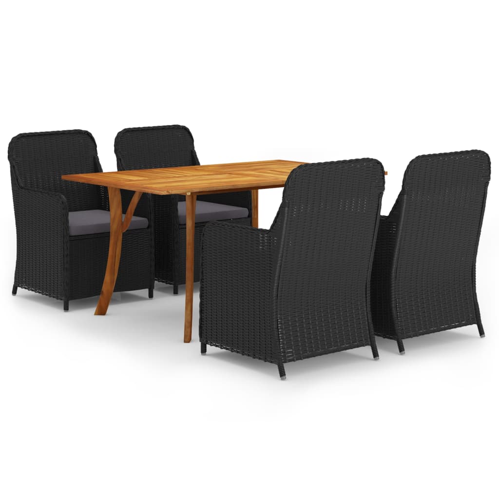 Set mobilier de exterior cu 5 piese masa cu fotolii cu perne sezut, vidaXL, Ratan-Lemn, 150 x 90 x 75 cm, Negru-perne gri