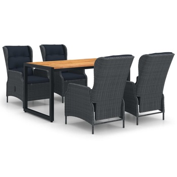 Set mobilier de gradina 5 piese masa cu 4 fotolii reglabile, vidaXL, Ratan-Lemn-Otel, Gri inchis-Maro Set mobilier de gradina 5 piese masa cu 4 fotolii reglabile, vidaXL, Ratan-Lemn-Otel, Gri inchis-Maro