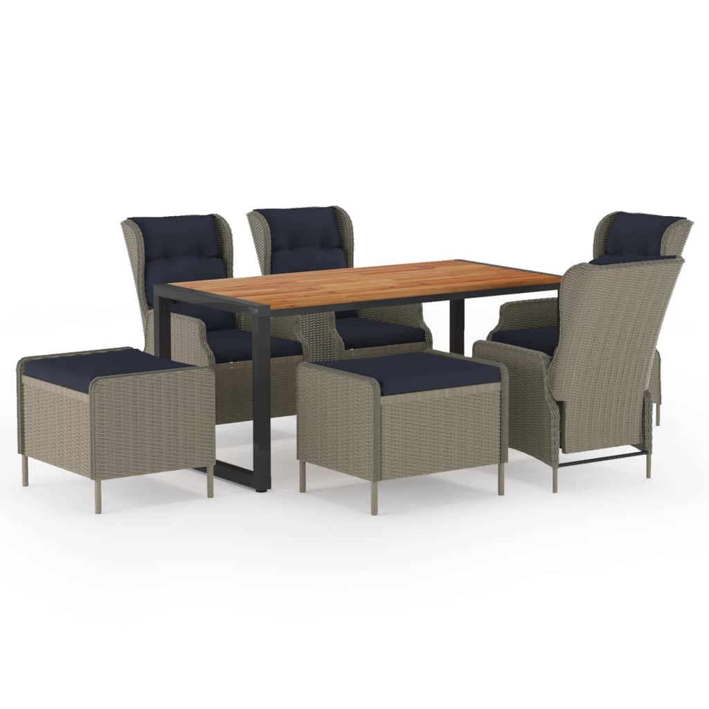 Set mobilier de gradina 7 piese masa cu fotolii cu salteluta si tabureti, vidaXL, Ratan-Otel-Lemn masiv acacia, 160 x 80 x 75 cm, Maro