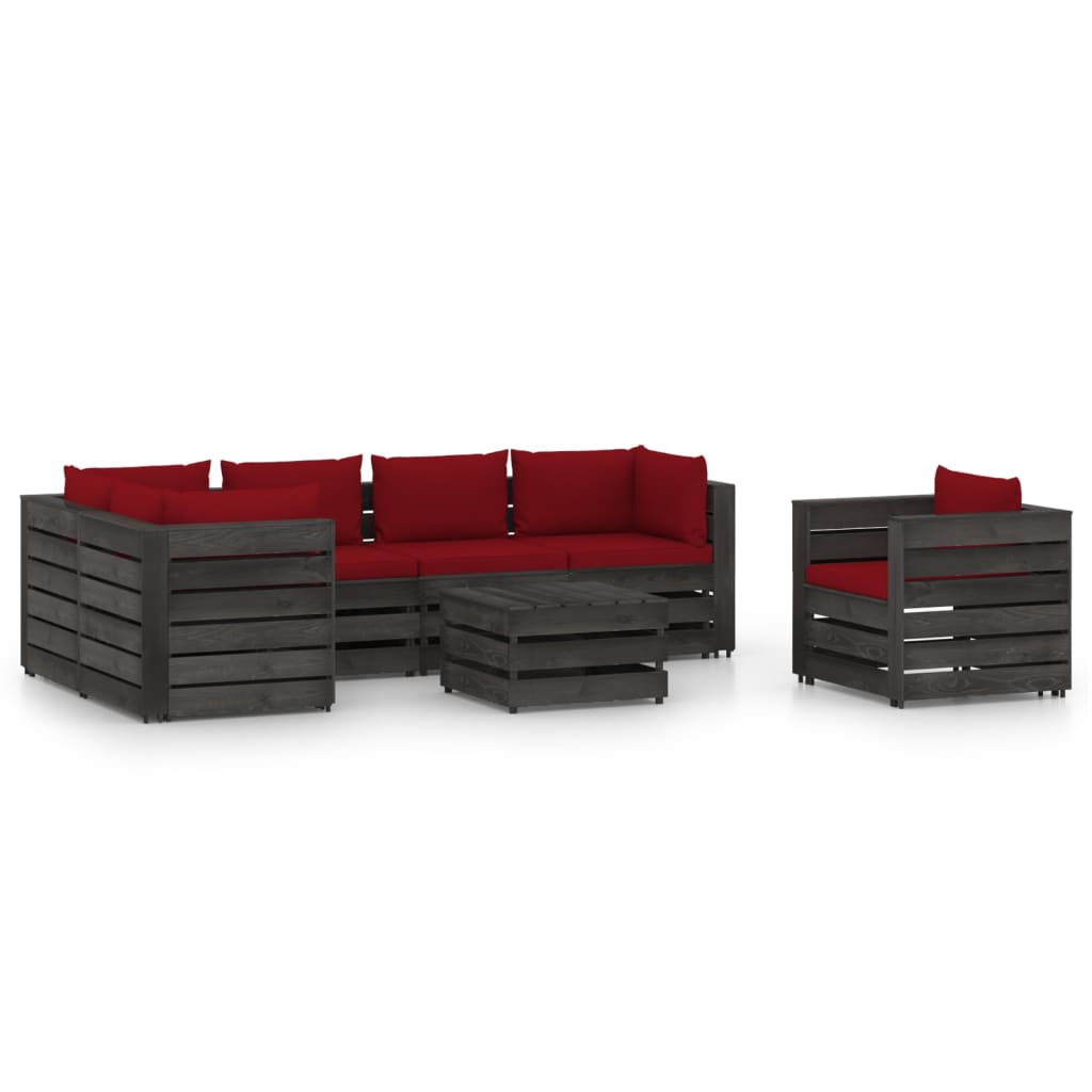 Set mobilier gradina 7 piese canapea L, fotoliu si masuta, vidaXL, Lemn de pin tratat, Gri inchis cu perne rosu vin