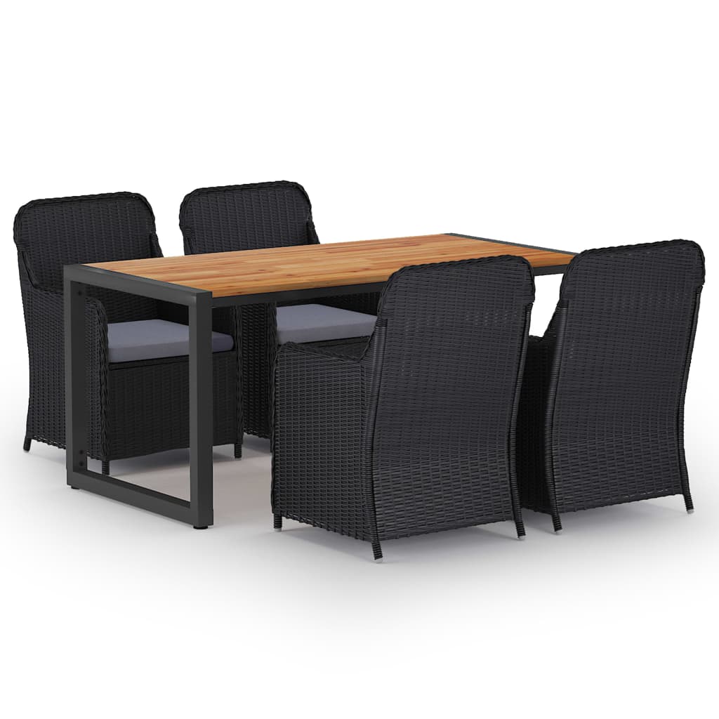 Set mobilier de gradina 5 piese masa cu fotolii cu perne sezut, vidaXL, Ratan-Otel-Lemn masiv acacia, 160 x 80 x 75 cm, Negru/Maro