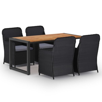 Set mobilier de gradina 5 piese masa cu fotolii cu perne sezut, vidaXL, Ratan-Otel-Lemn masiv acacia, 160 x 80 x 75 cm, Negru/Maro Set mobilier de gradina 5 piese masa cu fotolii cu perne sezut, vidaXL, Ratan-Otel-Lemn masiv acacia, 160 x 80 x 75 cm, Negru/Maro