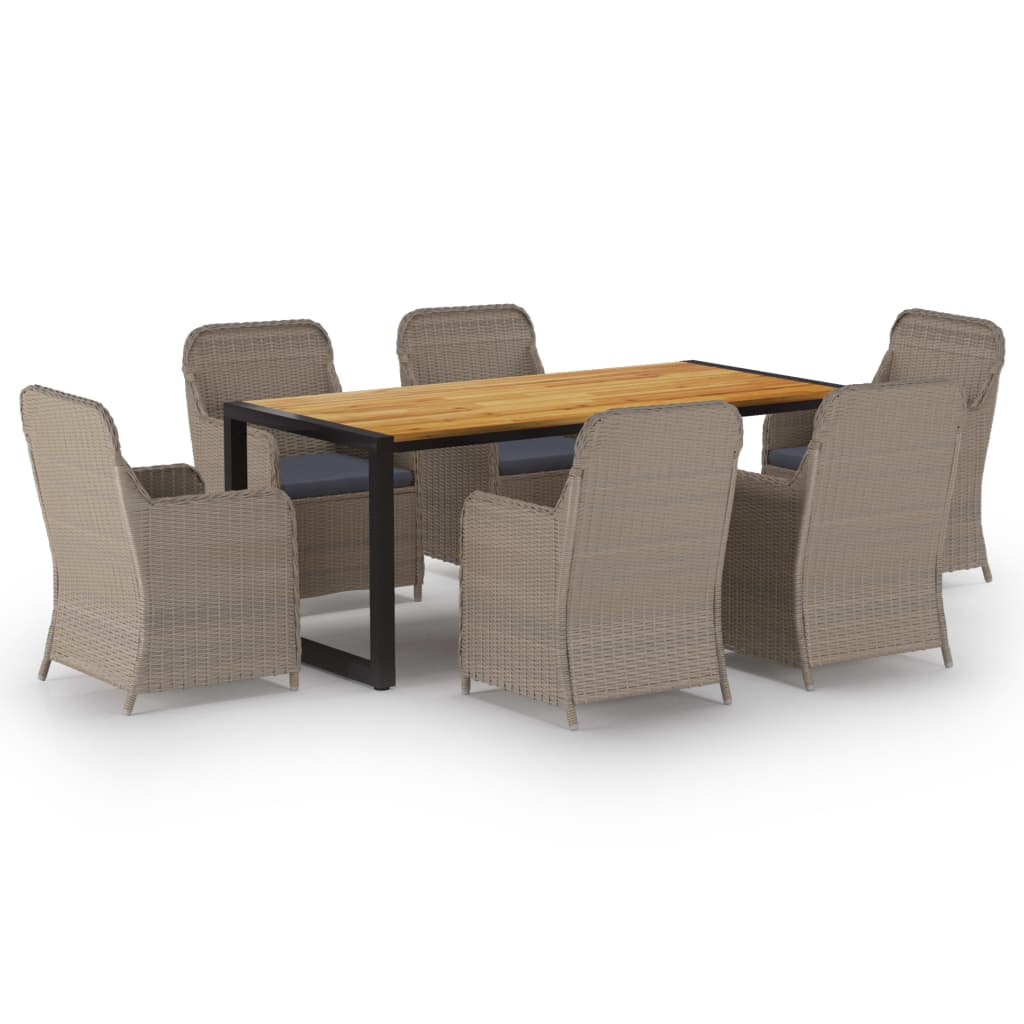 Set mobilier de gradina 7 piese masa cu 6 fotolii, vidaXL, Ratan si lemn masiv de acacia, 180 x 90 x 75 cm, maro