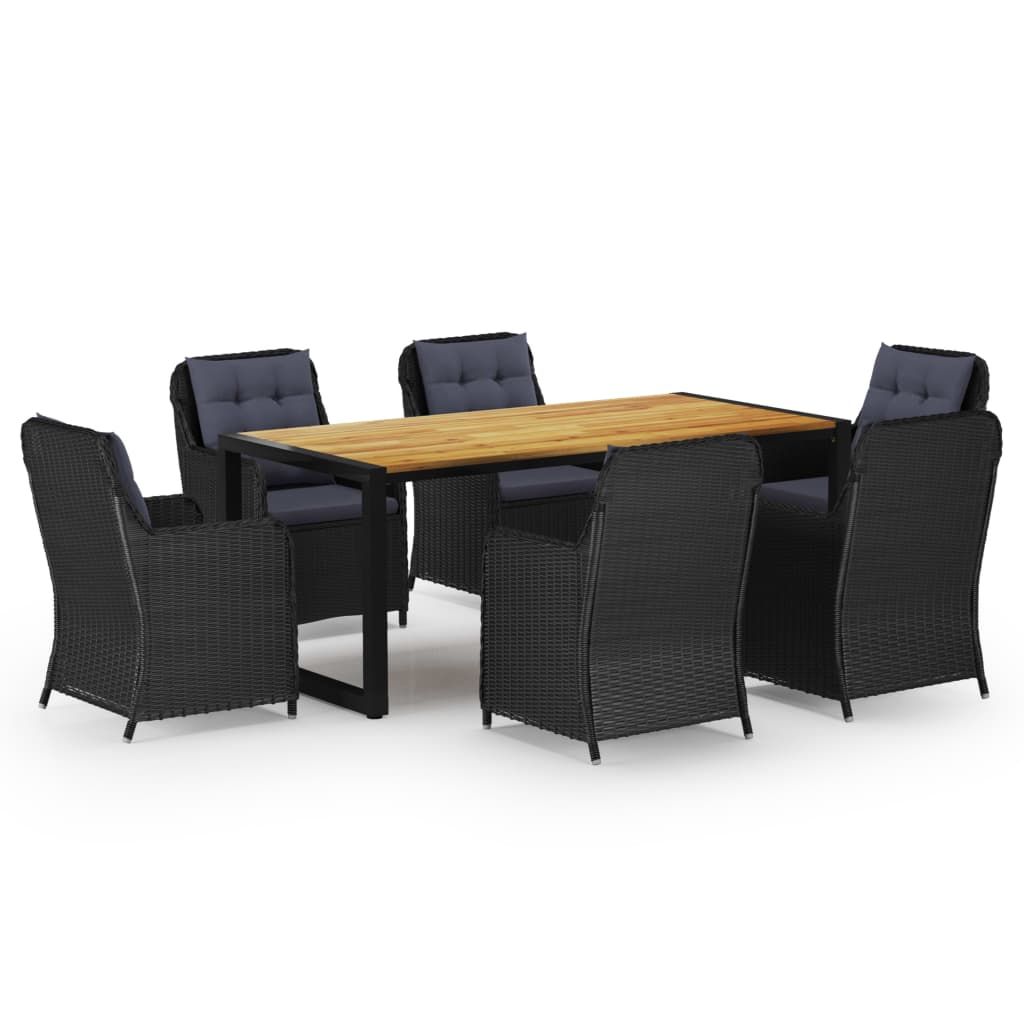 Set mobilier de gradina 7 piese masa cu 6 fotolii, vidaXL, Ratan, otel si lemn masiv de acacia, 180 x 90 x 75 cm, negru si maro