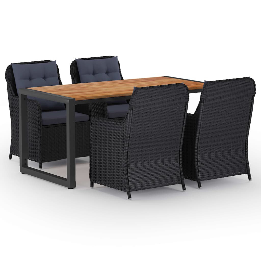 Set mobilier de gradina 5 piese masa cu fotolii cu salteluta, vidaXL, Ratan-Otel-Lemn masiv acacia, 160 x 80 x 75 cm, Negru