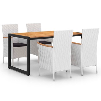 Set mobilier de gradina 5 piese masa cu fotolii, vidaXL, Ratan-Lemn-Otel, 140 x 80 x 75 cm, Alb/Maro Set mobilier de gradina 5 piese masa cu fotolii, vidaXL, Ratan-Lemn-Otel, 140 x 80 x 75 cm, Alb/Maro