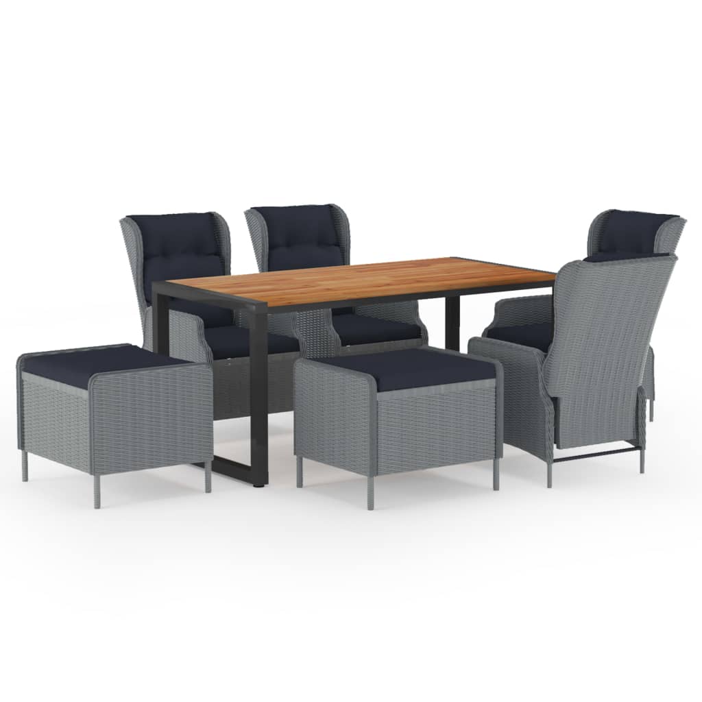 Set mobilier de gradina 7 piese masa cu fotolii cu salteluta si tabureti, vidaXL, Ratan-Otel-Lemn masiv acacia, 160 x 80 x 75 cm, Gri/Maro