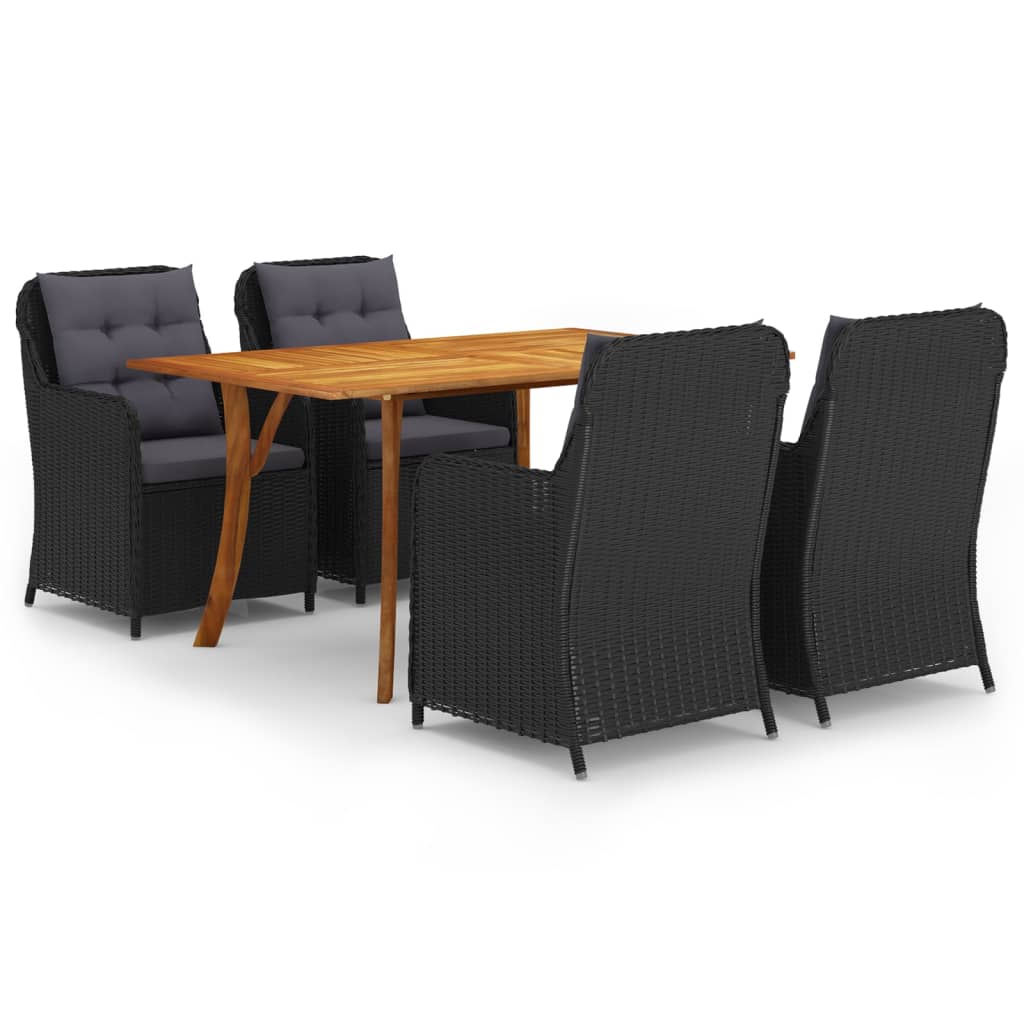 Set mobilier de exterior cu 5 piese masa cu fotolii cu salteuta, vidaXL, Ratan-Lemn, 150 x 90 x 75 cm, Negru-perne gri