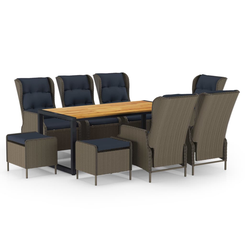 Set mobilier de gradina 9 piese masa cu 6 scaune-fotoliu si 2 tabureti, vidaXL, Ratan/Lemn acacia/Otel, 180 x 90 x 75 cm, maro