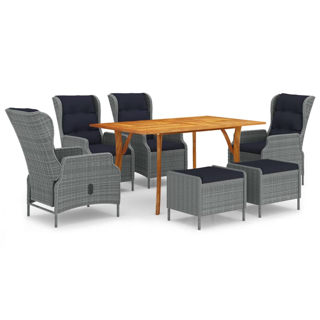 Set mobilier de exterior 7 piese, vidaXL, Ratan-Lemn masiv de acacia cu finisaj ulei, 150 x 90 x 75 cm, Gri deschis-Maro