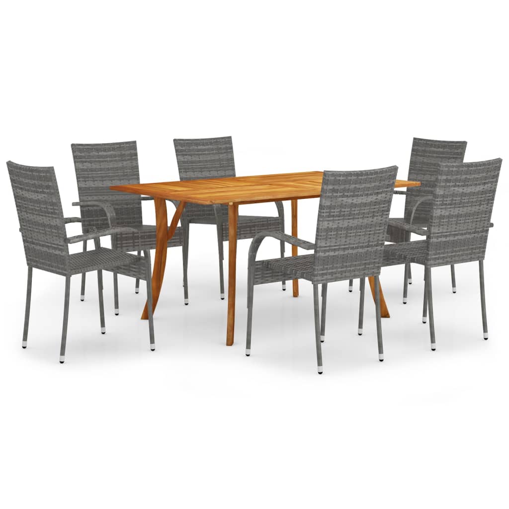 Set mobilier de exterior cu 7 piese masa cu scaune, vidaXL, Ratan-Lemn, 150 x 90 x 75 cm, Gri/Maro