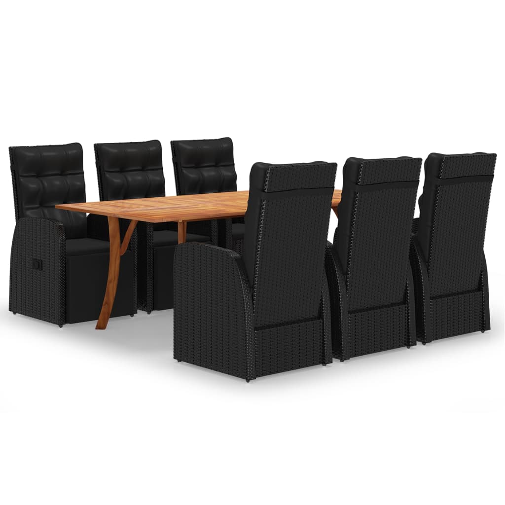 Set mobilier de exterior 7 piese masa cu fotolii reglabile cu salteluta, vidaXL, Ratan-Lemn masiv -Otel, 201,5 x 100 x 75 cm, Negru - masa maro