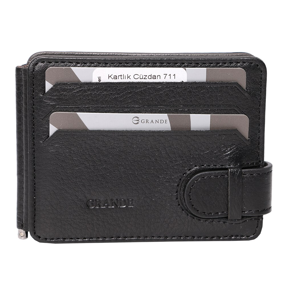 Port card unisex, din piele naturala, reversibil, cu clapa metalica pentru bancnote 711BK negru