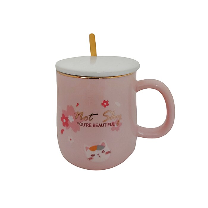 Cana pisica Bella roz 350ml, Cu capac ceramica