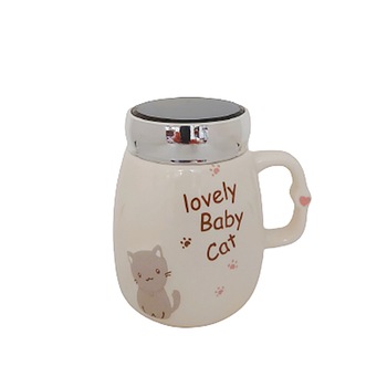 Cana cu capac Lovely Cat crem, Termos ceramica 400ml Cana cu capac Lovely Cat crem, Termos ceramica 400ml
