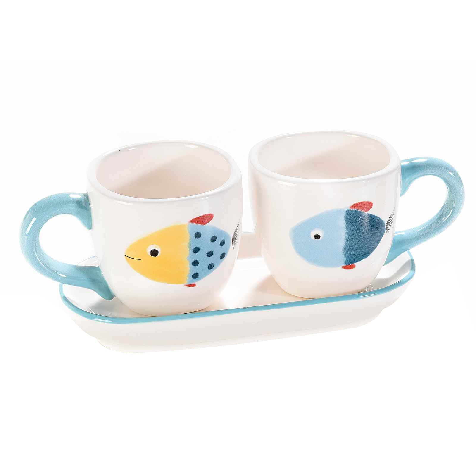Set 2 cesti cu tavita din ceramica alb albastru galben 16 cm x 7.5 cm