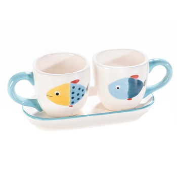 Set 2 cesti cu tavita din ceramica alb albastru galben 16 cm x 7.5 cm Set 2 cesti cu tavita din ceramica alb albastru galben 16 cm x 7.5 cm