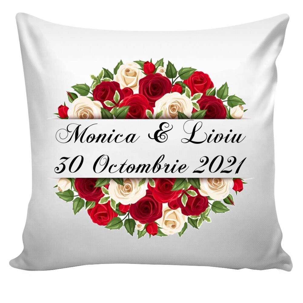 Set perne personalizate Mireasa - Mire , Nume Cuplu , trandafiri si text , Nunta , 2 buc, 40x40 cm, Handmade