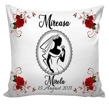 Set perne personalizate Mireasa - Mire , Rochie / Costum , decor rosu si text , Nunta , 2 buc, 40x40 cm, Handmade Set perne personalizate Mireasa - Mire , Rochie / Costum , decor rosu si text , Nunta , 2 buc, 40x40 cm, Handmade