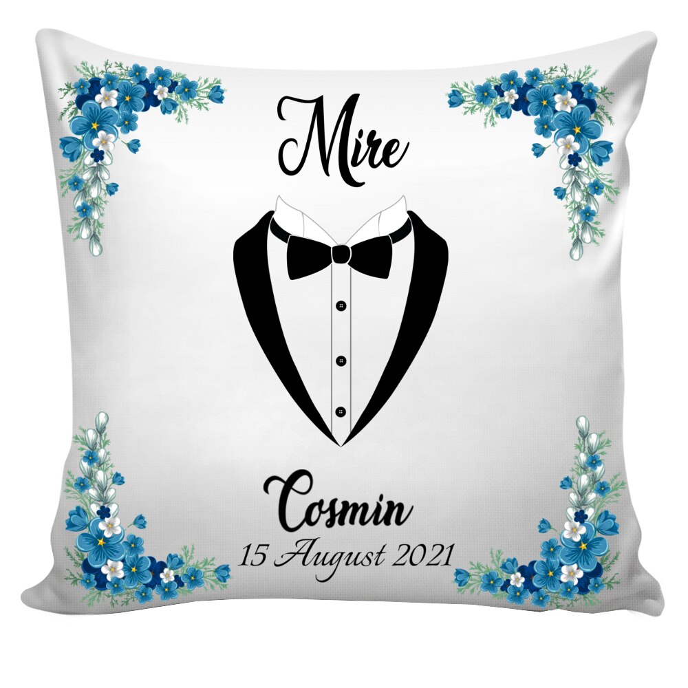 Set perne personalizate Mireasa - Mire , Rochie / Costum , decor albastru si text , Nunta ,2 buc, 40x40 cm, Handmade