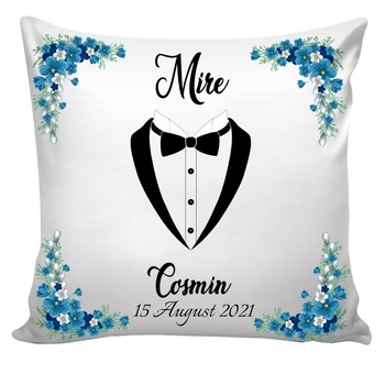 Set perne personalizate Mireasa - Mire , Rochie / Costum , decor albastru si text , Nunta ,2 buc, 40x40 cm, Handmade Set perne personalizate Mireasa - Mire , Rochie / Costum , decor albastru si text , Nunta ,2 buc, 40x40 cm, Handmade