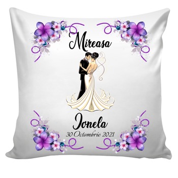 Set perne personalizate Mireasa - Mire , Cuplu casatoriti , decor mov si text , Nunta , 2 buc , 40x40 cm, Handmade Set perne personalizate Mireasa - Mire , Cuplu casatoriti , decor mov si text , Nunta , 2 buc , 40x40 cm, Handmade