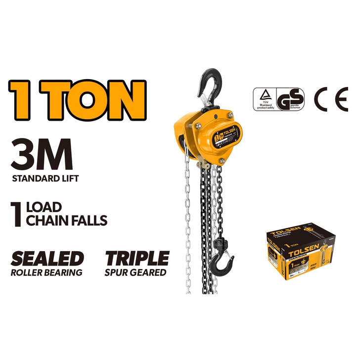Macara cu lant TOLSEN Industrial 1 tona, inaltime ridicare 3m, lant incarcare Ø6x18mm, 1 cadere, tractiune 250N, sarcina dinamica 15kN, rulment cu role etans, aprobare CE/GS, uz profesional