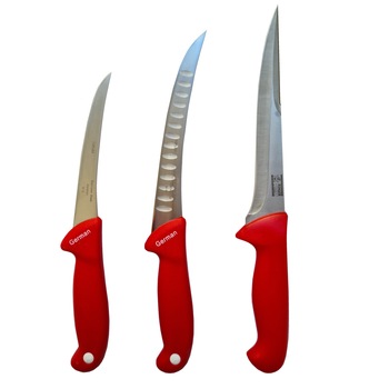 Set 3 cutite profesionale pentru macelarie SVT-RG, injunghiat, filetat, dezosat, maner plastic ABS rosu Set 3 cutite profesionale pentru macelarie SVT-RG, injunghiat, filetat, dezosat, maner plastic ABS rosu