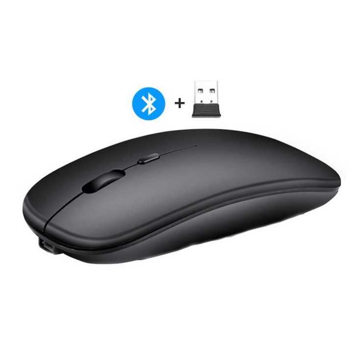 Mouse Bluetooth 5.1 si 2.4G Bluetooth dual-mode wireless, Zggzerg, Mouse de computer portabil cu receptor USB, Butoane mute, Cu buton DPI, reglabil 800/1200/1600DPI, Reincarcabil, 500mAh, Ergonomic, Pentru Birou/Jocuri, Negru