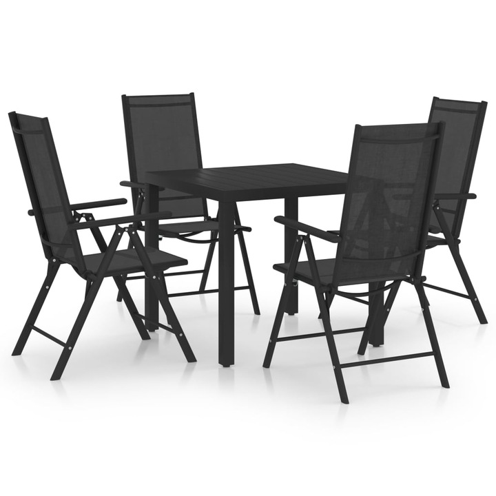 Set mobilier de gradina cu 5 piese si masa din blat PVC vidaXL, Aluminiu, 80 x 80 x 74 cm, Negru