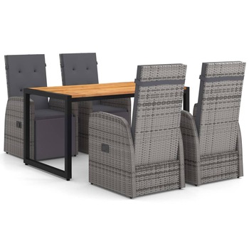 Set mobilier de gradina 5 piese masa cu fotolii reglabile, vidaXL, Ratan-Lemn-Otel, 140 x 80 x 75 cm, Gri/Maro Set mobilier de gradina 5 piese masa cu fotolii reglabile, vidaXL, Ratan-Lemn-Otel, 140 x 80 x 75 cm, Gri/Maro