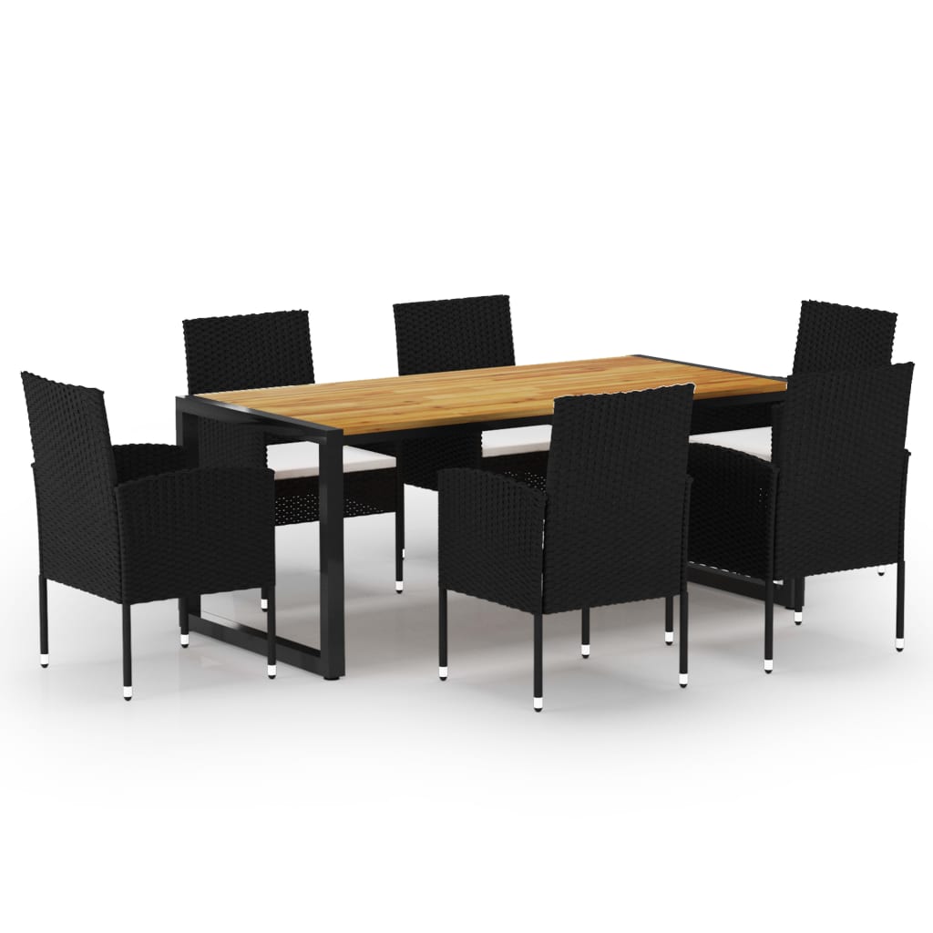 Set mobilier de gradina 7 piese masa cu 6 scaune-fotoliu, vidaXL, Ratan/Lemn acacia/Otel, 180 x 90 x 75 cm, Negru-maro