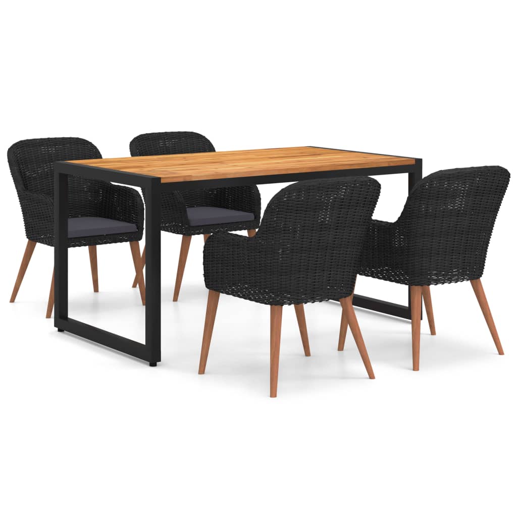Set mobilier de gradina 5 piese masa cu scaune-fotoliu, vidaXL, Ratan-Lemn-Otel, Negru-Maro