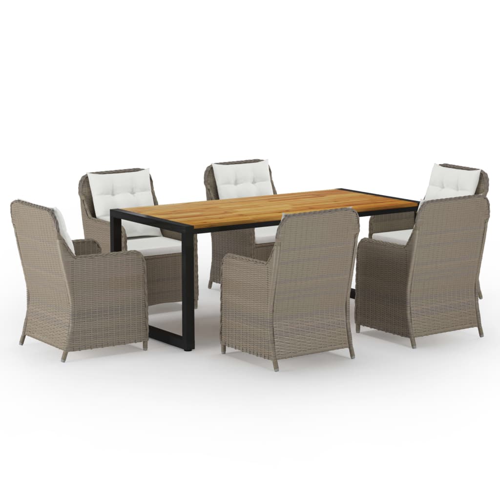 Set mobilier de gradina 7 piese masa cu 6 fotolii, vidaXL, Ratan, otel si lemn masiv de acacia, 180 x 90 x 75 cm, maro