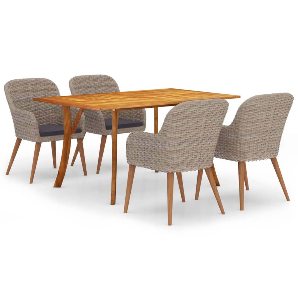 Set mobilier de exterior 5 piese, vidaXL, Ratan-Lemn masiv de acacia cu finisaj ulei, 150 x 90 x 75 cm, Maro