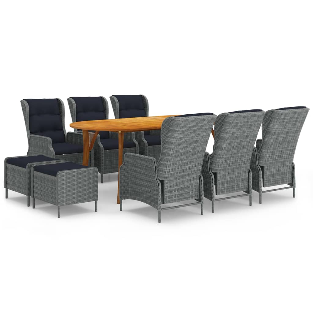 Set mobilier de exterior 9 piese masa cu fotolii reglabile si tabureti, vidaXL, Ratan-Lemn, 201 x 100 x 75 cm, Gri deschis- maro