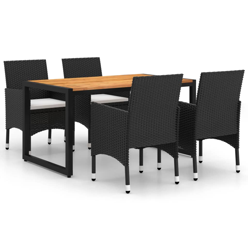 Set mobilier de gradina 5 piese masa cu fotolii, vidaXL, Ratan-Lemn acacia-Otel, Negru-perne crem