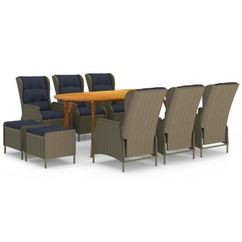 Set mobilier de exterior 9 piese masa cu fotolii reglabile si tabureti, vidaXL, Ratan-Lemn, 201 x 100 x 75 cm, Maro Set mobilier de exterior 9 piese masa cu fotolii reglabile si tabureti, vidaXL, Ratan-Lemn, 201 x 100 x 75 cm, Maro