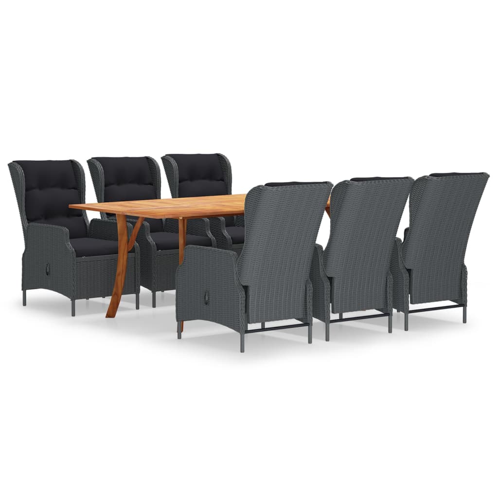 Set mobilier de gradina 7 piese masa cu fotolii cu spatar rabatabil, vidaXL, Ratan-Lemn, 201,5 x 100 x 75 cm, Gri