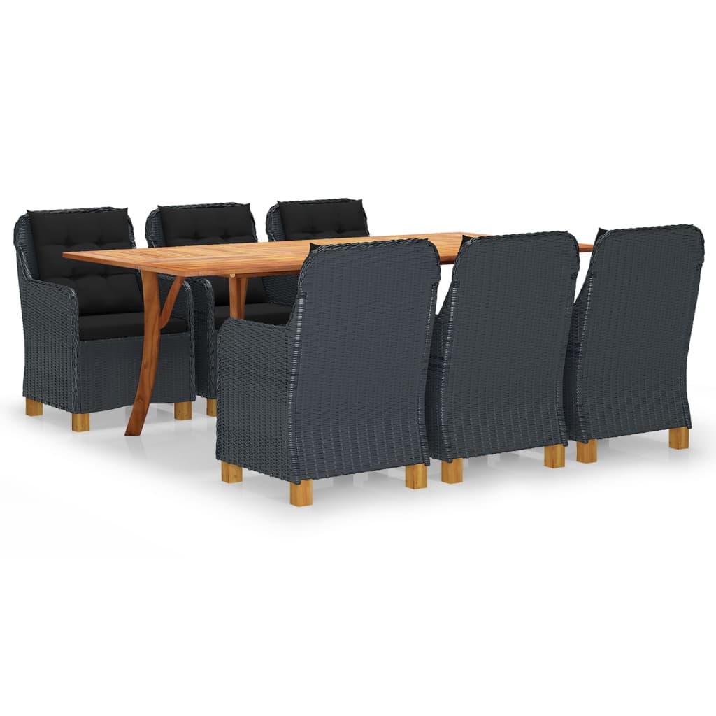 Set mobilier de gradina 7 piese masa cu fotolii cu perna sezut si spatar, vidaXL, Lemn-Ratan, 201,5 x 100 x 75 cm, Gri inchis