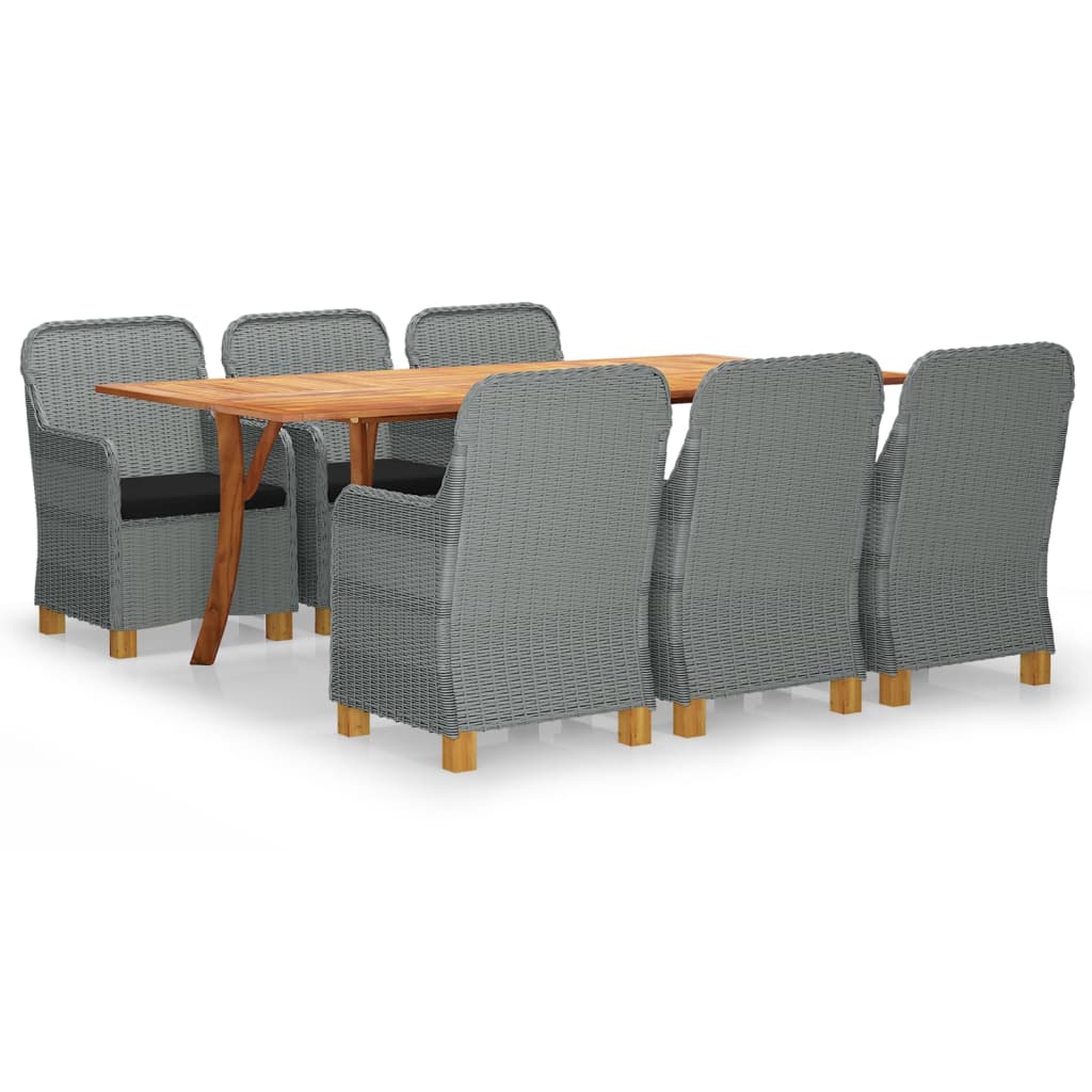 Set mobilier de gradina 7 piese masa cu fotolii cu perna sezut, vidaXL, Lemn-Ratan, 201,5 x 100 x 75 cm, Gri deschis