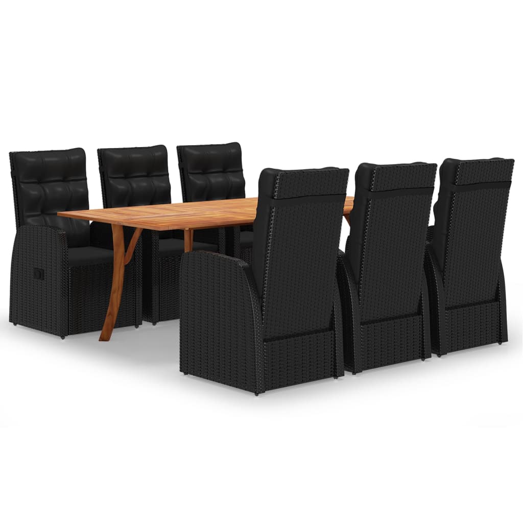 Set mobilier de exterior 7 piese masa cu fotolii cu salteluta, vidaXL, Ratan-Lemn masiv -Otel, 201,5 x 100 x 75 cm, Negru - masa maro