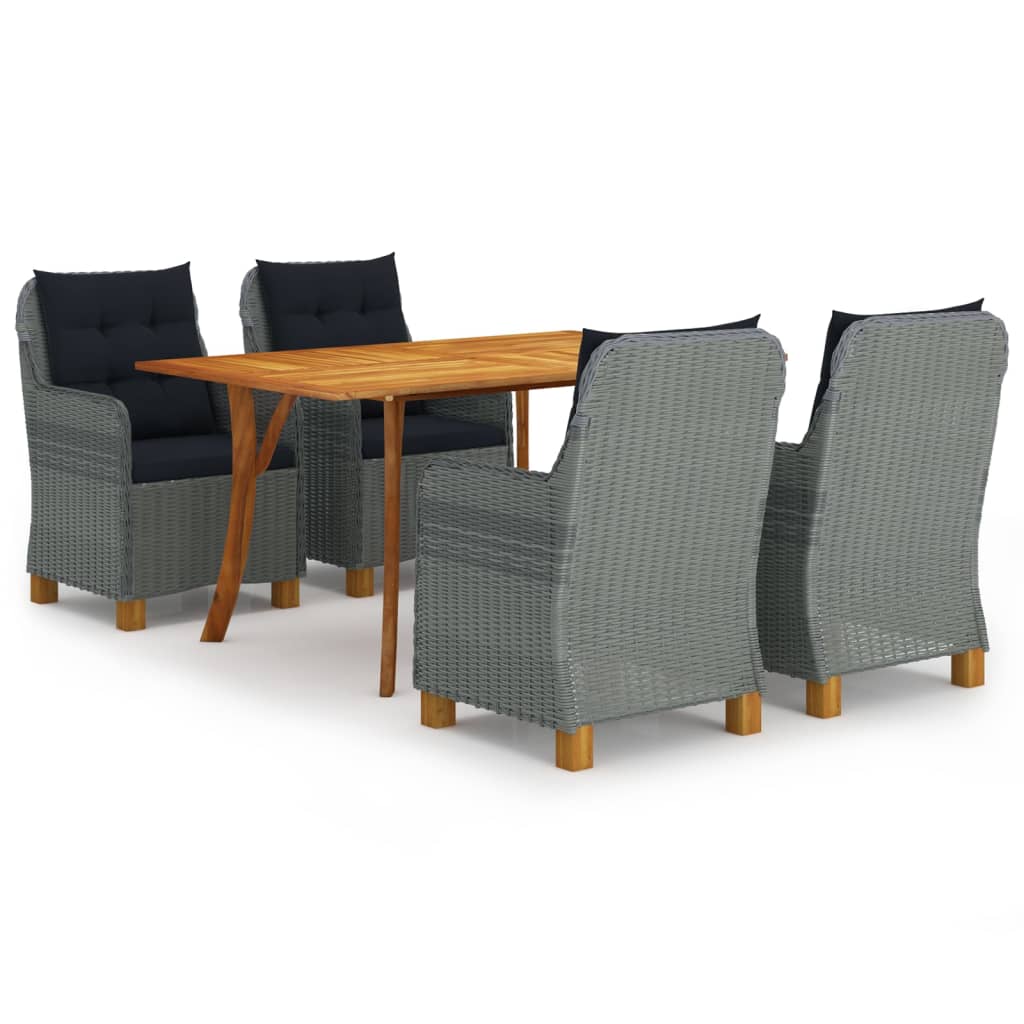 Set mobilier de exterior 5 piese masa cu fotolii cu salteluta, vidaXL, Ratan-Lemn masiv -Otel, 150 x 90 x 75 cm, Gri deschis - masa maro