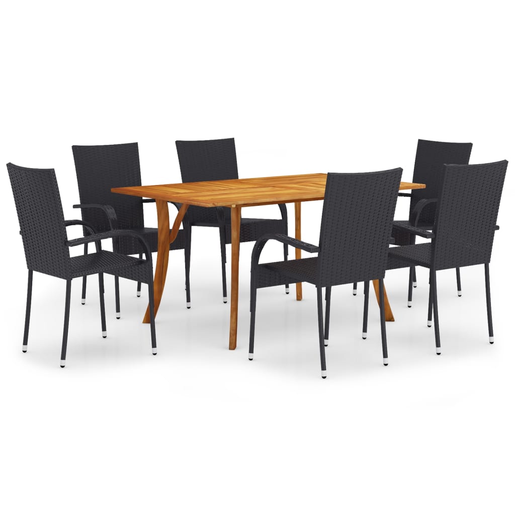 Set mobilier de exterior cu 7 piese masa cu scaune, vidaXL, Ratan-Lemn, 150 x 90 x 75 cm, Negru/Maro
